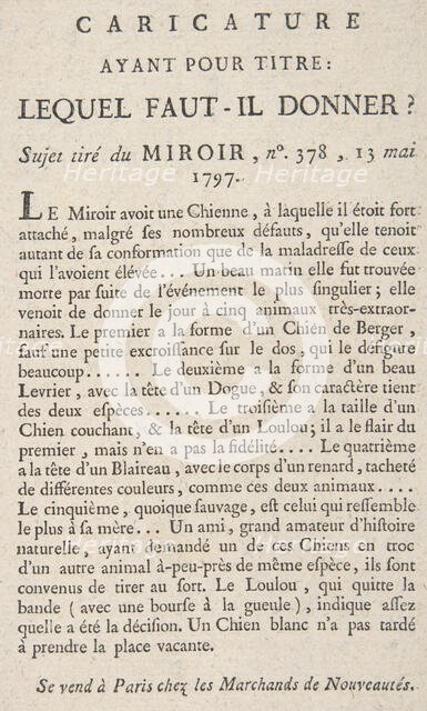 Caricature, Ayant Pour Titre: Lequel Faut-il Donner?, Sujet tiré du Miroir, no. 378, 13 Ma..., 1797. Creator: Anon.