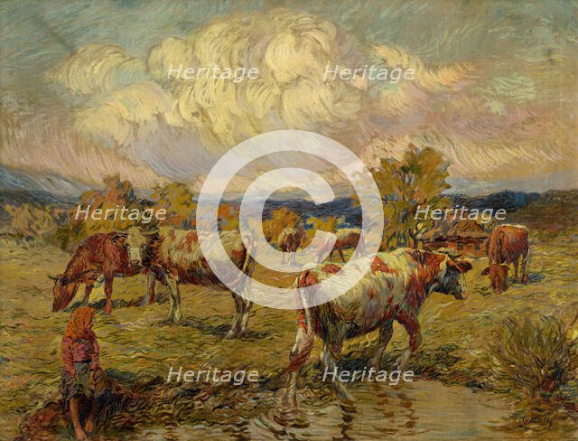 Cows Grazing, around 1923. Creator: Gustav Mally.