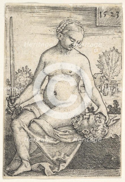 Judith, seated nude with a sword in her right hand, gazing down at the head of Holofernes ..., 1523. Creator: Barthel Beham.