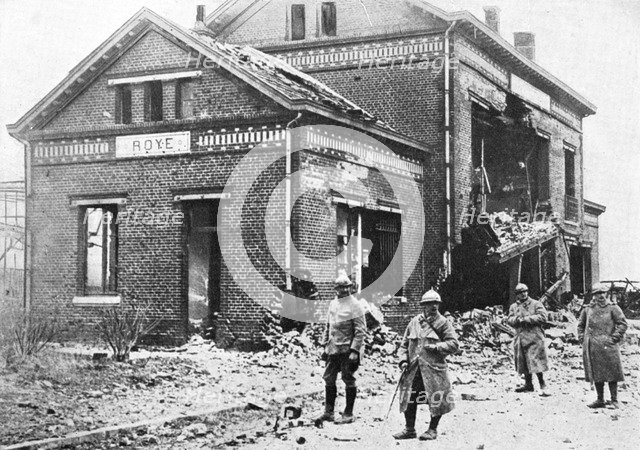 Damaged railway station at Roye, France, First World War, 1918, (c1920). Artist: Unknown
