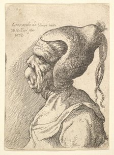 Bust of a deformed woman with conical hat and two dangling plaits in profile to left, 1665. Creator: Wenceslaus Hollar.
