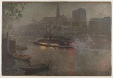Bateau-Mouche on the Seine, in evening, in front of Notre-Dame, 1890. Creator: Adolphe-Ernest Gumery.