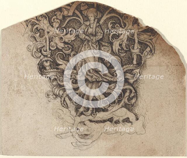 Gothic Ornament with a Lady and a Parrot, c. 1495. Creator: Master of the Strache Altar.