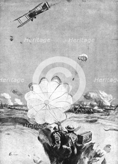'Combat Aerien; Avion ravitaillant en munitions, au moyen de parachutes, des mitrailleurs..., 1918. Creator: Joseph Simpson.