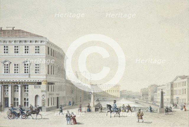 View of the Moika Embankment from the Police Bridge, 1839. Artist: Anonymous  