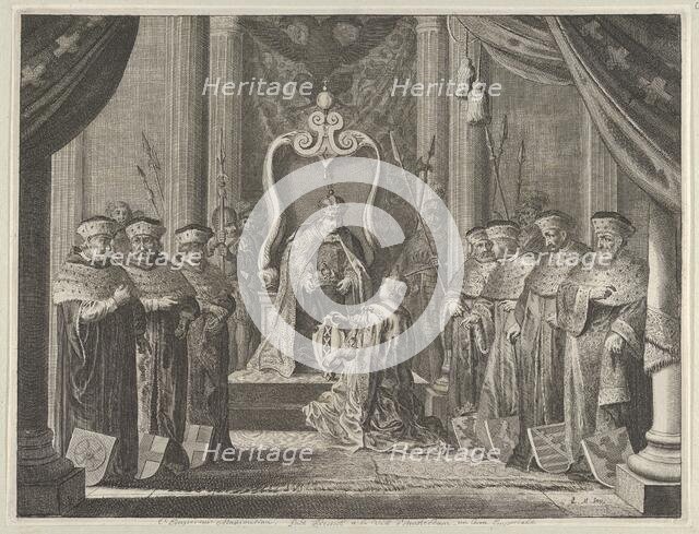 Plate 8: Emperor Maximilian II granting a crown to the coat of arms of Amsterdam, from Cas..., 1638. Creator: Pieter Nolpe.