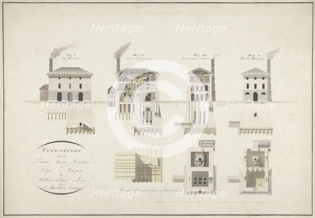 Drawings of the new steam engine for nine pumps in Hellevoetsluis, 1802. Creator: Jan Blanken.