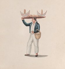 A tortilla vendor balancing a tray on his head, from a group of drawings depicting Peruvian..., ca.  Creator: Attributed to Francisco (Pancho) Fierro.