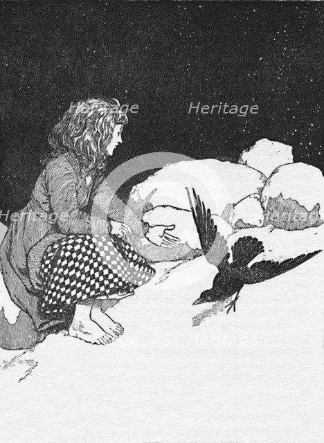 'Suddenly a Large Raven Hopped Upon the Snow in front of her', c1930. Artist: W Heath Robinson.