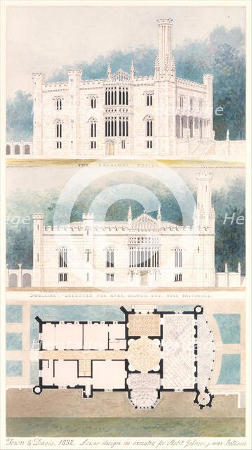 Glen Ellen for Robert Gilmor, Towson, Maryland (perspective, elevation, and plan), 1832. Creator: Alexander Jackson Davis.