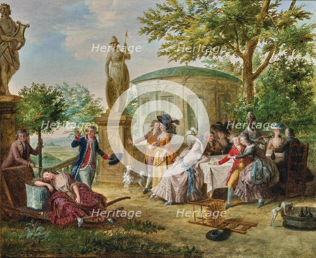 Elegant society dining in a classical garden, 1780s. Creator: Lafrensen; Niclas (1737-1807).