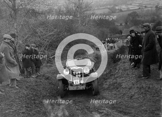 Singer of E Bunn competing in the MG Car Club Midland Centre Trial, 1938. Artist: Bill Brunell.