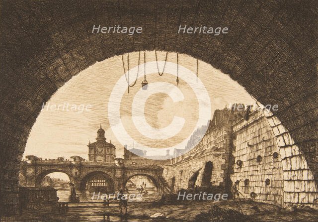 Le Pont-neuf et la Samaritaine de dessous la première arche du Pont-au-Change (Pont-neuf..., 1855. Creator: Charles Meryon.