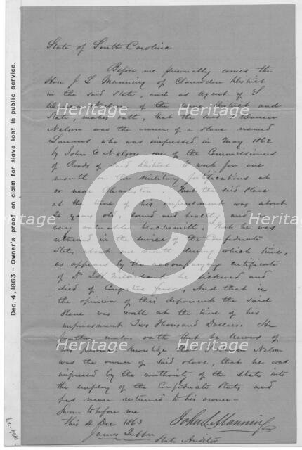 Petition for compensation for slave pressed into military service, Civil War, 1863-12-04. Creator: Unknown.