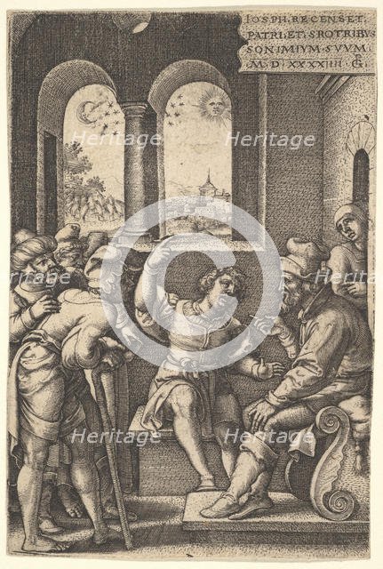Joseph explains his dream to his brothers and father in an interior setting; the sun, moon..., 1544. Creator: Georg Pencz.