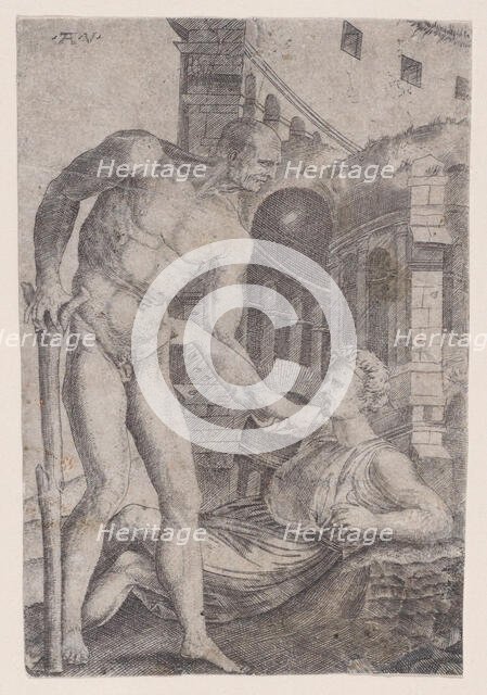 A Man Helping Another to His Feet, ca. 1514-36. Creator: Agostino Veneziano.