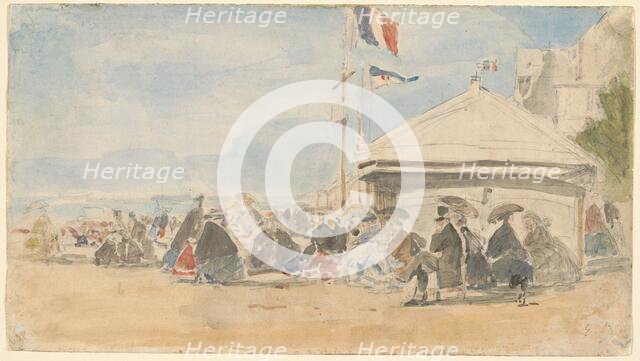Beach House with Flags at Trouville, c. 1865. Creator: Eugene Louis Boudin.