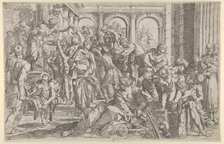Saint Roch at left distributing alms to a group of people gathered around him, after ..., 1590-1600. Creator: Francesco Brizio.