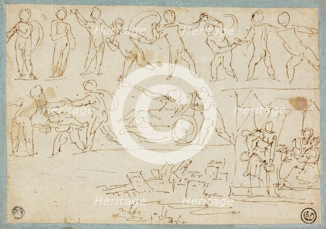 Frieze of Putti, Sketch of Lot and His Daughters, Sketch of Buildings, n.d. Creator: Agostino Carracci.