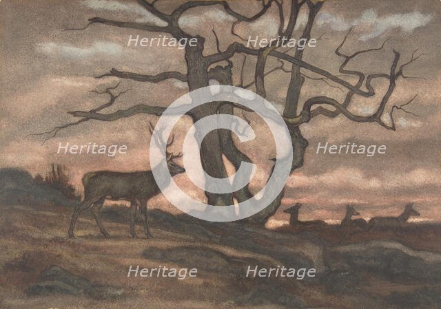 Deer and Tree Against Sunset, 1810-75. Creator: Antoine-Louis Barye.