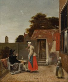 A Man Smoking and a Woman Drinking in a Courtyard. Creator: Pieter de Hooch.