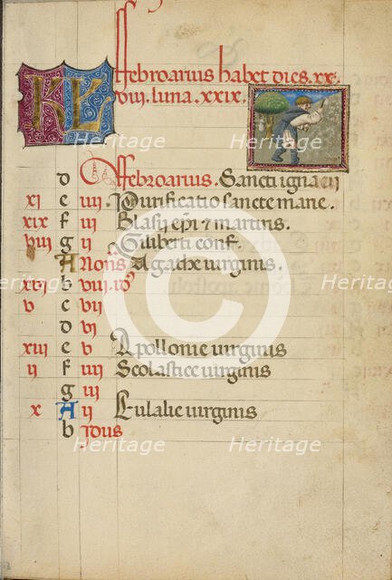 February Calendar Page; Hoeing; Book of Hours, about 1460. Creator: Unknown.