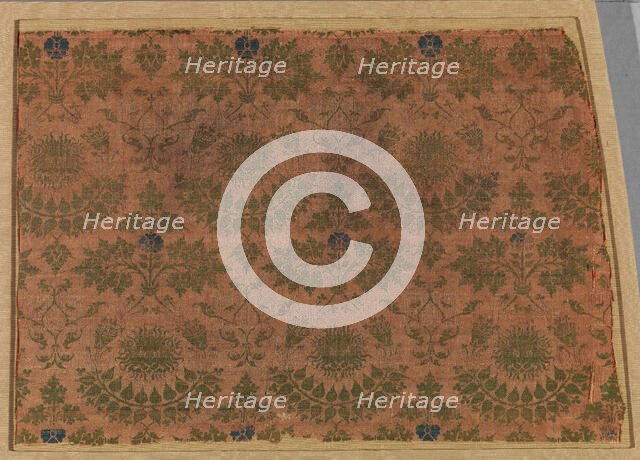 Textile with Lions' Heads, Foliate Ornament and Kufic Letter L, Italian, 14th century. Creator: Unknown.