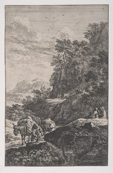 Plate 1: a peasant checking the hoof of his mule by a stream, from 'Landscapes in t..., ca. 1700-25. Creator: Franz Joachim Beich.