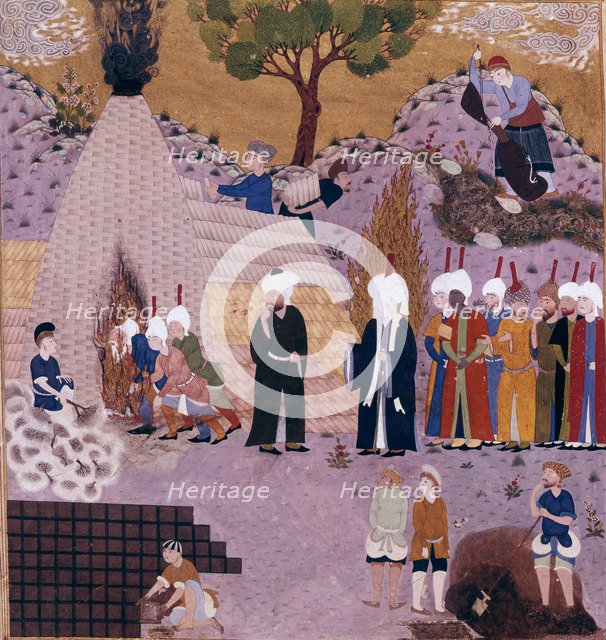 An old man faithful to Imam Ali jumps over fire, 16th century.