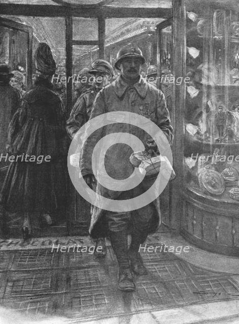 'La treve des confiseurs; L'homme des tranchees, venu a Paris en permission de..., 1916. Creator: J Simont.