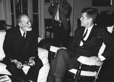 President John F. Kennedy with Muhammad Zafrulla Khan at the White House, 1962. Artist: Unknown
