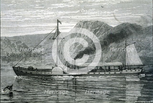 The Clermont, the first steamboat manufactured by Robert Fulton, sailing up the Hudson River...,1807 Creator: Unknown.
