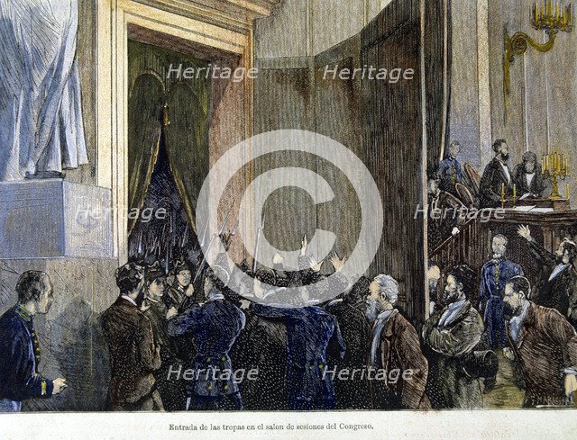 Coup d'état, entry of the troops of General Pavia in Congress,' Manuel Pavia (1827-1895), engravi…