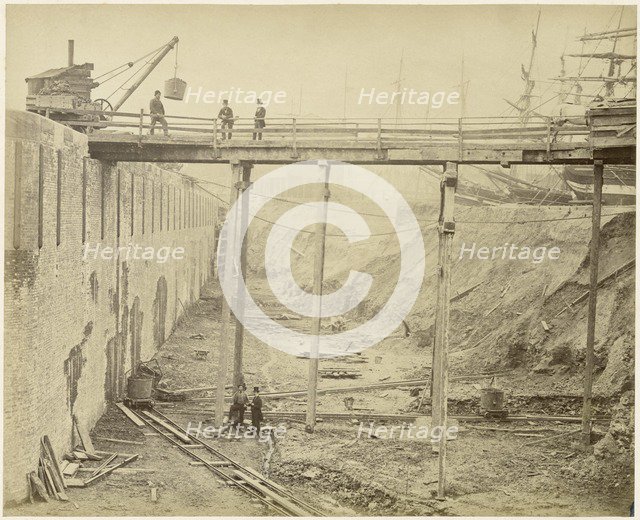 Construction of the expanded Limehouse Basin, London, May 1869. Artist: Lucas and Tuck.