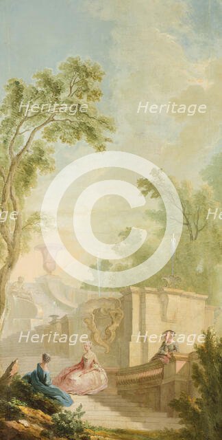 Garden landscape with figures by a fountain. Creator: Lorens Gottman.