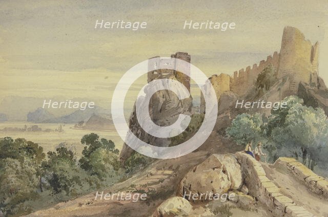 Castle ruins, in the foreground two men on a bridge. Creator: Jean Joseph Bonaventure Laurens.