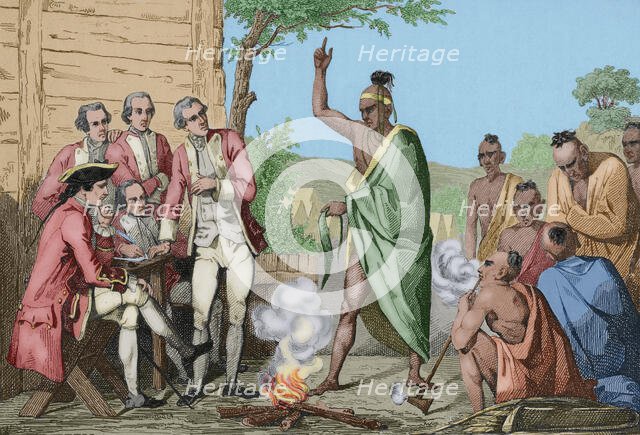 Native American council and conquistadors meeting around a fire, United States, 1837, (1850). Creator: Emile Louis Vernier.