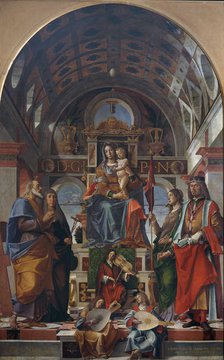 The Virgin and Child enthroned with saints and angels making music, 1499. Creator: Montagna, Bartolomeo (1449-1523).
