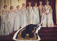 'Her Majesty the Queen with her Mistress of the Robes and the six Maids of Honour', 1953. Artist: Sterling Henry Nahum Baron.