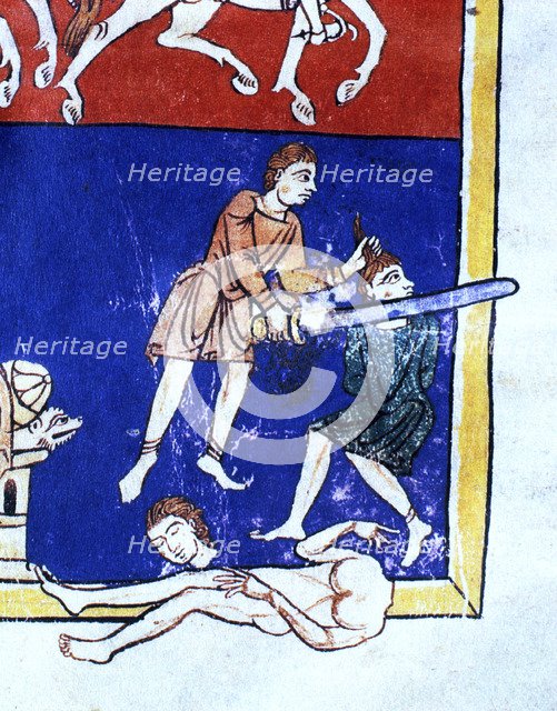 Man decapitating the enemy', detail of the scene 'The Siege of Jerusalem (c.597 b.C) by the troop…