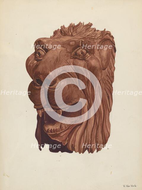 Carved Lion's Head, c. 1937. Creator: Vera Van Voris.