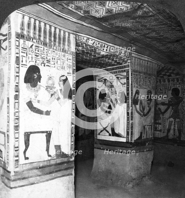 Painted tomb chamber hewn in the rock of the cliffs at Thebes, Egypt, 1905.Artist: Underwood & Underwood