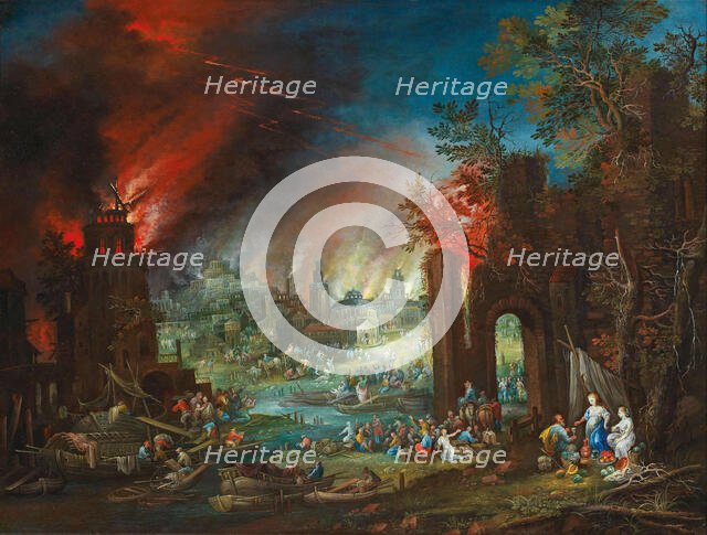 Lot and his Daughters, with the burning town of Sodom in the background, End of 17th-Early 18th cen. Creator: Hartmann, Johann Jacob (ca 1658-ca 1736).