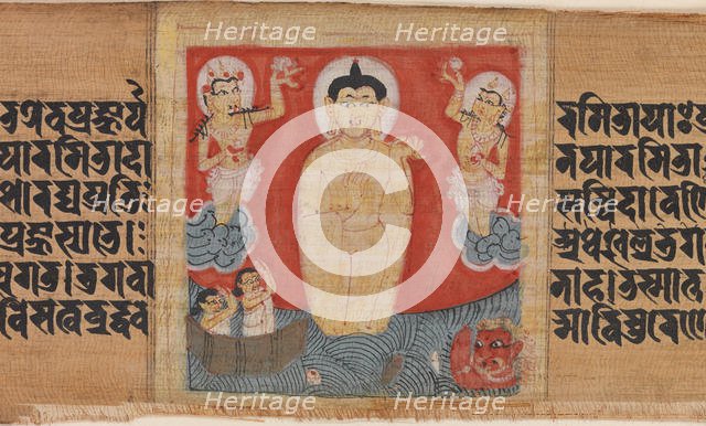 Buddha Giving Safety (Abhayananda) to Mariners, Leaf from..., ca. 1090. Creator: Unknown.
