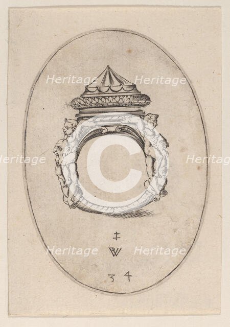 Design for a Ring with a Large Faceted Gemstone, Plate 34 from 'Livre d'Aneaux d'Orfevreri..., 1561. Creator: Pierre Woeiriot.