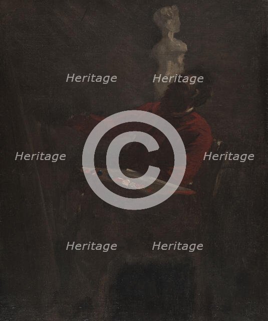 Carpeaux en veston rouge peignant dans son atelier, c.1865. Creator: Jean-Baptiste Carpeaux.