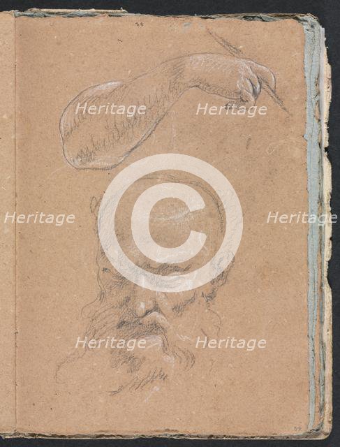 Verona Sketchbook: Head of a bearded man and right arm and hand (page 59), 1760. Creator: Francesco Lorenzi (Italian, 1723-1787).