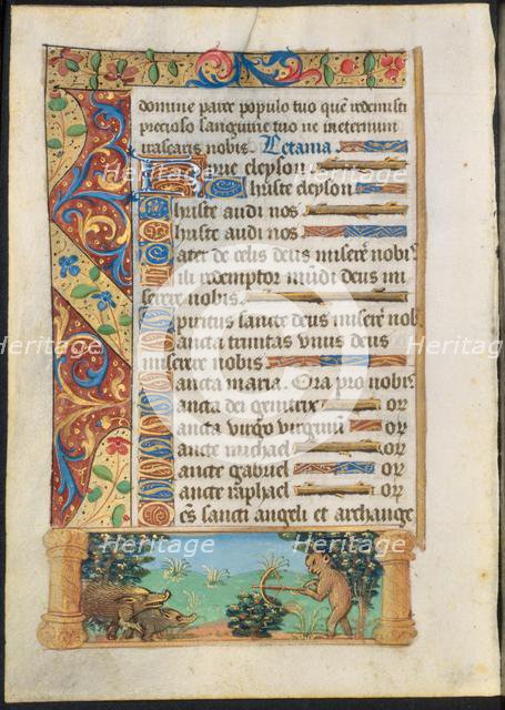 Leaf from a Book of Hours: Ape Hunting Wild Boars (recto) and Ape Fishing (verso) , c. 1500-1510. Creator: Unknown.