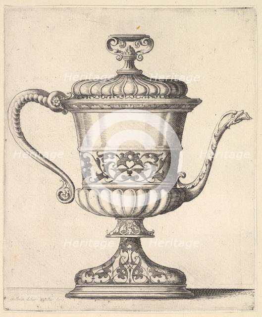 Jug with lid, engraved with arabesque pattern, the narrow spout to right ending in snak..., 1625-77. Creator: Wenceslaus Hollar.