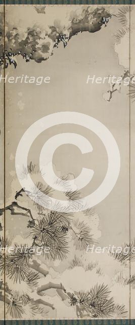 Eagle on a snowy pine, c.1850. Creator: Kishi Renzan.